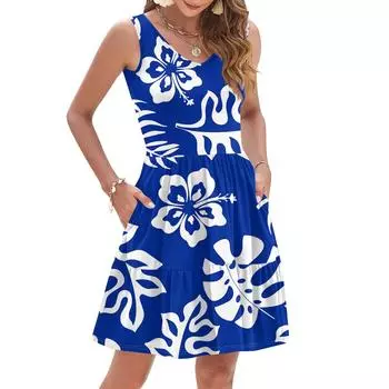 Женское летнее модное повседневное платье-жилет без рукавов с V-образным вырезом, плиссировкой и гавайским цветочным принтом XXL
