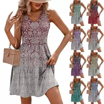Женское летнее модное повседневное плиссированное платье без рукавов с v-образным вырезом и градиентным принтом M