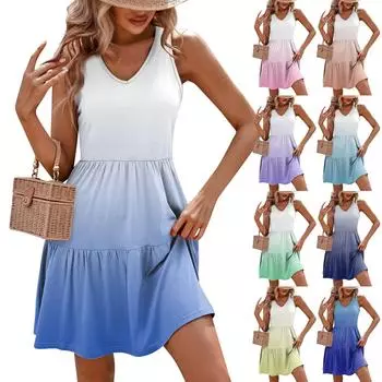 Женское летнее модное повседневное плиссированное платье без рукавов с v-образным вырезом и градиентным принтом L синий