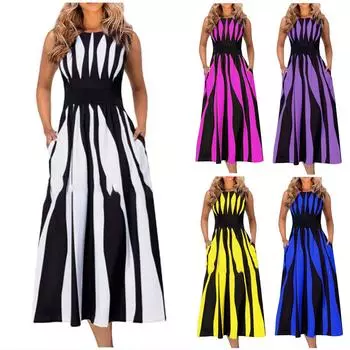 Женское летнее модное повседневное полосатое платье с принтом, с круглым вырезом и закрытой талией, утягивающая юбка без рукавов XXL синий