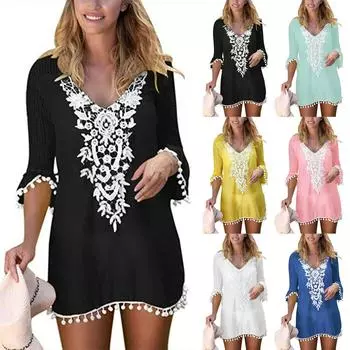 Женское летнее модное повседневное сплошное цветное кружевное сексуальное ажурное пляжное платье-блузка с v-образным вырезом и половиной рукавов с кисточками S синий