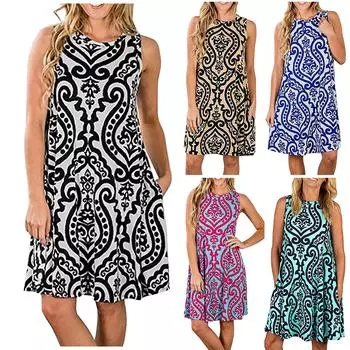 Женское летнее модное повседневное свободное карманное платье без рукавов с зернистым принтом L чёрный