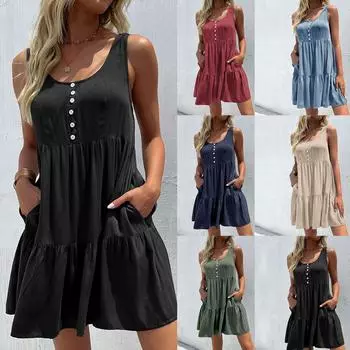 Женское летнее модное повседневное женское платье на бретельках без рукавов, многослойное платье на пуговицах, летнее пляжное платье с карманами M