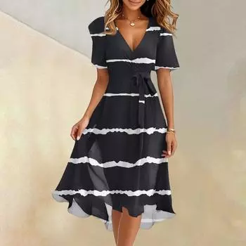 Женское летнее модное расклешенное платье с V-образным вырезом, короткие рукава, полосатые геометрические платья L чёрный