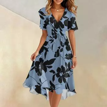 Женское летнее модное расклешенное платье с V-образным вырезом и короткими рукавами с цветочным принтом L