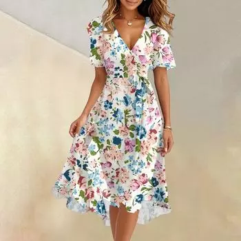Женское летнее модное расклешенное платье с V-образным вырезом и короткими рукавами с цветочным принтом XXL синий