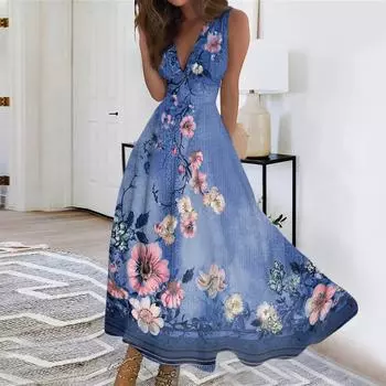 Женское летнее модное ретро-платье с V-образным вырезом и без рукавов L синий