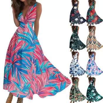 Женское летнее модное ретро-платье с V-образным вырезом и без рукавов L циан