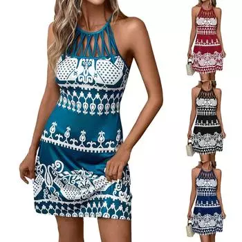 Женское летнее модное сетчатое универсальное платье миди без рукавов с принтом L чёрный