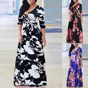 Женское летнее модное сексуальное большое платье с v-образным вырезом и длинной юбкой L чёрный