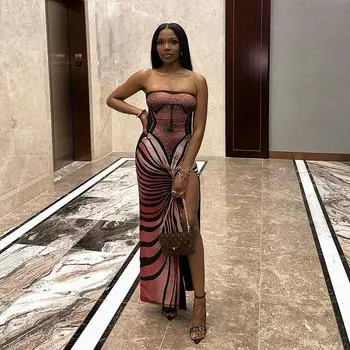 Женское летнее модное сексуальное платье без бретелек с разрезом и принтом Spice Girl Slim S коричневый