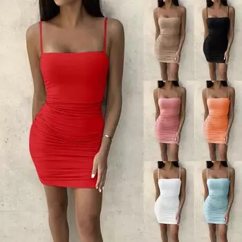 Женское летнее модное сексуальное тонкое однотонное платье без рукавов на бретельках S светло-синий