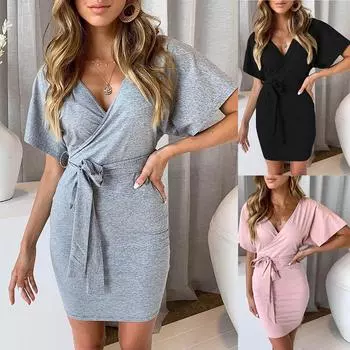 Женское летнее модное сексуальное тонкое платье с v-образным вырезом и юбкой на бедрах L серый