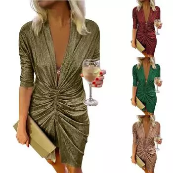 Женское летнее модное сексуальное вечернее платье для выпускного с V-образным вырезом и запахом на бедрах L золотой