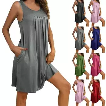 Женское летнее модное свободное платье-майка, однотонное плиссированное платье с карманами, повседневные платья L