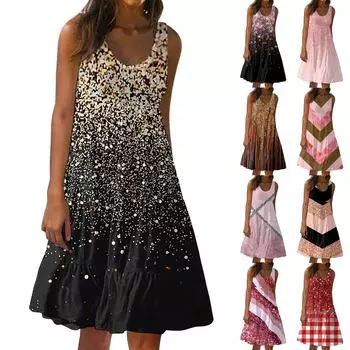 Женское летнее модное свободное пляжное платье без рукавов с блестками в стиле пэчворк