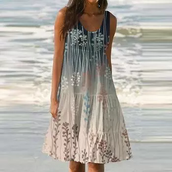 Женское летнее модное свободное повседневное пляжное платье без рукавов с принтом L бежевый