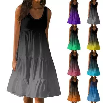 Женское летнее модное свободное повседневное пляжное платье без рукавов с принтом L синий