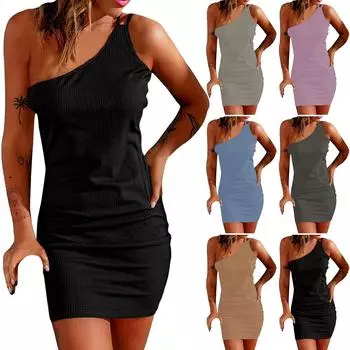 Женское летнее модное тонкое однотонное регулируемое платье без рукавов на одно плечо L чёрный