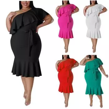 Женское летнее модное тонкое повседневное платье-миди с наклонными плечами и оборками