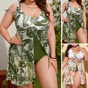 Женское летнее монокини больших размеров с U-образным вырезом без рукавов и растительным принтом, цельный купальник с разрезом по краю, купальный костюм с контролем живота, быстросохнущая пляжная одежда 2XL белый