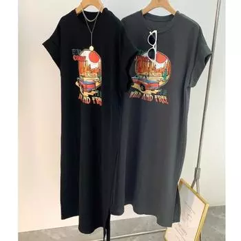 Женское летнее новое американское ретро платье-футболка с короткими рукавами, свободные большие ярды, повседневные длинные платья с разрезом L темно-серого