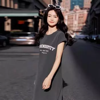 Женское летнее новое длинное платье-футболка с рукавами-крылышками, повседневное модное свободное платье с принтом большого размера L темно-серого