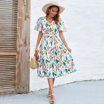 Женское летнее новое длинное платье с короткими рукавами-фонариками, V-образным вырезом, высокой талией и ремешком на талии S разноцветный