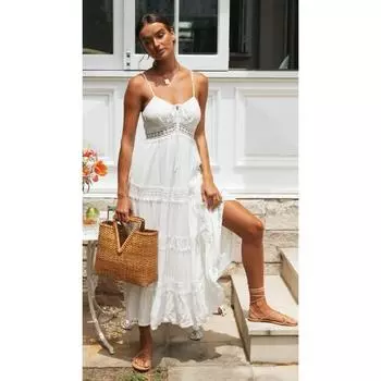 Женское летнее новое кружевное платье в стиле пэчворк с большим качелями S белый