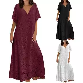 Женское летнее новое модное элегантное повседневное кружевное праздничное платье с коротким рукавом и v-образным вырезом