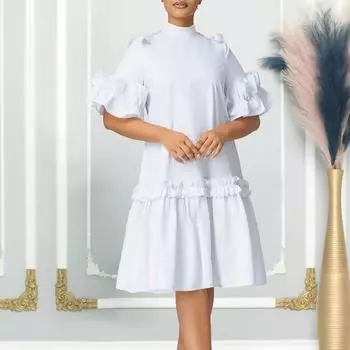Женское летнее новое модное однотонное платье трапециевидной формы с деревянным краем ушка, длинное платье S белый