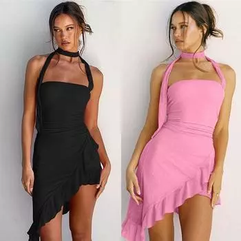 Женское летнее новое модное однотонное платье без рукавов с сексуальным вырезом и деревянными ушками S розовый