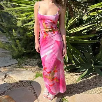 Женское летнее новое модное платье с принтом, сексуальное, повседневное, в праздничном стиле, облегающее, с глубоким вырезом, с бретелью через шею S
