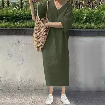 Женское летнее новое модное повседневное свободное платье с коротким рукавом и V-образным вырезом, однотонное длинное платье-жилет L темно-зеленого