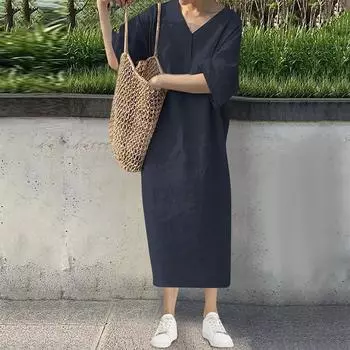 Женское летнее новое модное повседневное свободное платье с коротким рукавом и V-образным вырезом, однотонное длинное платье-жилет L