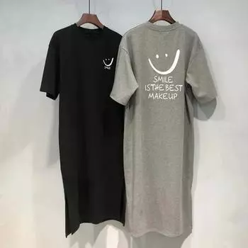 Женское летнее новое платье-футболка с короткими рукавами, свободное платье средней длины выше колена M чёрный