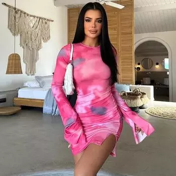 Женское летнее новое платье с размытым дизайном, с длинными рукавами, облегающее, закрывающее ягодицы S розы красного