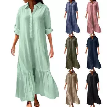 Женское летнее новое повседневное длинное платье из хлопка и льна с короткими рукавами и нерегулярными пуговицами XL хаки
