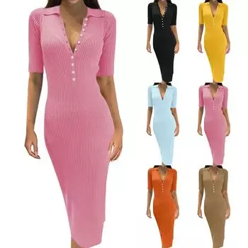 Женское летнее новое повседневное темпераментное модное однотонное платье с v-образным вырезом и короткими рукавами XL светло-синий