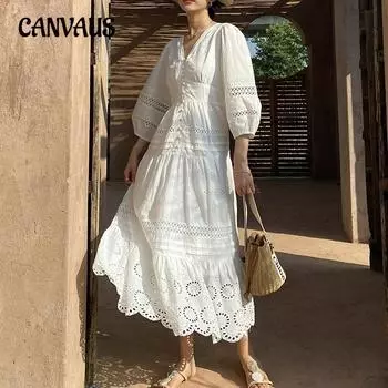 Женское летнее новое праздничное платье Sense с вышивкой средней длины S бежевый