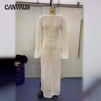 Женское летнее новое трикотажное платье с длинными рукавами и открытой спиной, сексуальное прозрачное платье в пол S белый