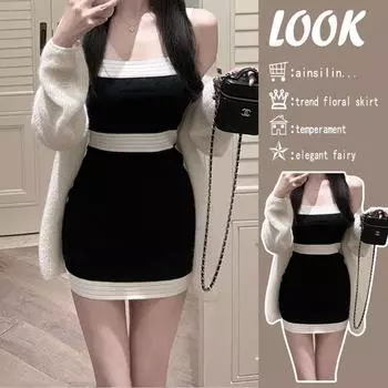 Женское летнее облегающее черно-белое трикотажное платье с широкими подтяжками Standard In-Stock серый