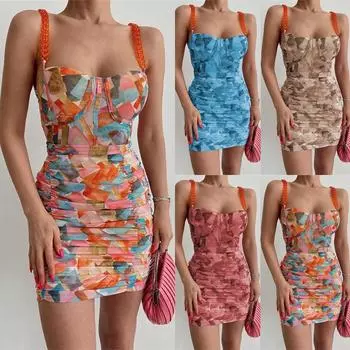 Женское летнее облегающее мини-платье без рукавов с открытой спиной и принтом в складку для вечеринок в уличном стиле S красный