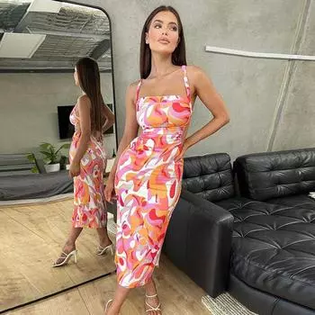 Женское летнее облегающее платье-халтер с принтом и бретельками S оранжевый