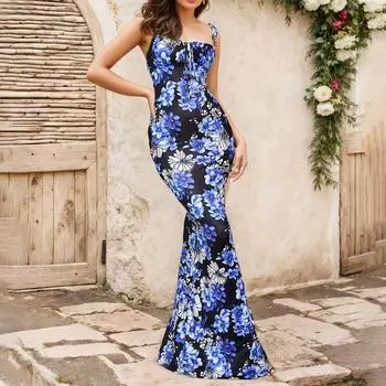 Женское летнее облегающее платье макси с цветочным принтом на бретелях без рукавов, длинные платья в стиле бохо L чёрный