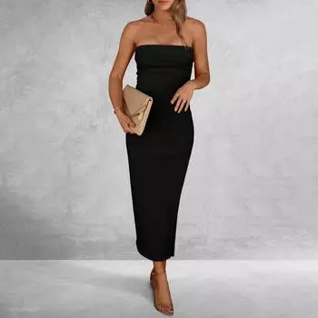 Женское летнее облегающее платье макси в рубчик без бретелек с боковым разрезом, длинные повседневные элегантные вечерние платья для выхода в свет L чёрный
