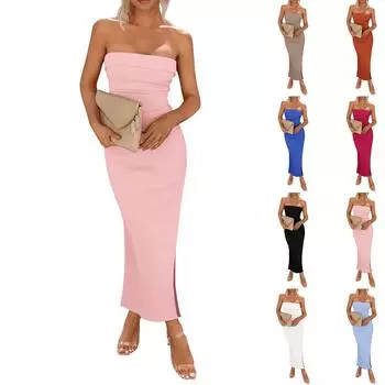 Женское летнее облегающее платье макси в рубчик без бретелек с боковым разрезом, длинные повседневные элегантные вечерние платья для выхода в свет L чёрный