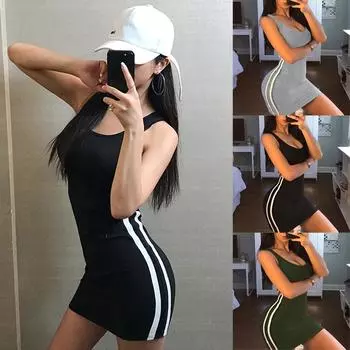 Женское летнее облегающее платье в полоску без рукавов, короткое мини-клубное вечернее платье L чёрный