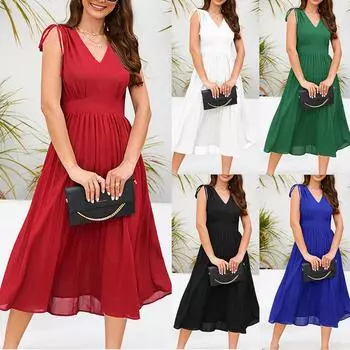 Женское летнее облегающее плиссированное платье без рукавов, сексуальное западное платье с v-образным вырезом L чёрный