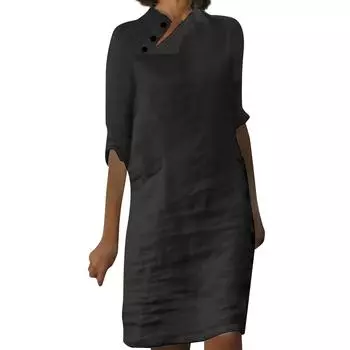 Женское летнее однотонное хлопково-льняное платье на пуговицах, однотонное платье со средними рукавами, однотонное летнее свободное повседневное платье L чёрный